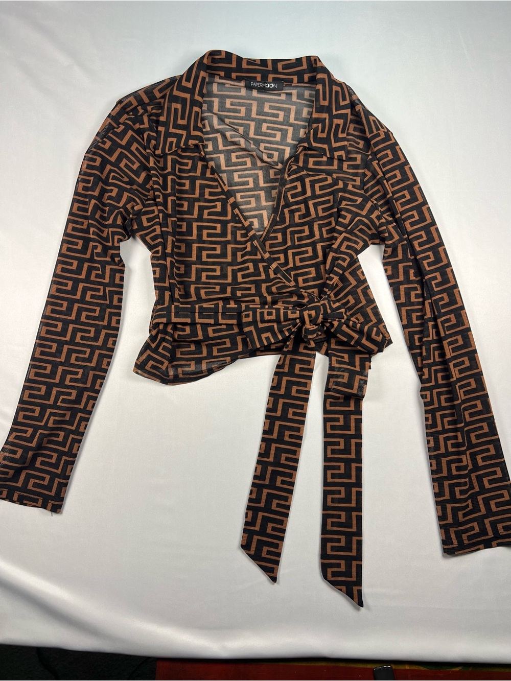 Papermoon Geometric Wrap Top in Black and Brown-Tan #fendi